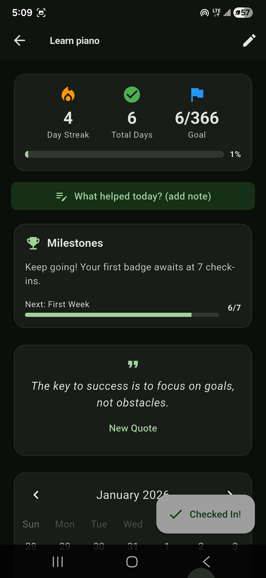 StreakUp habit details screen showing a live goal and progress